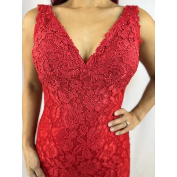 Jovani Red Floral Lace Double V-Neck Gown $550 - Picture 4 of 14